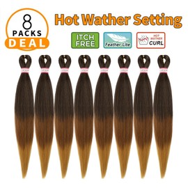 Pre-stretched Braiding Hair 8 Packs 28 Inch Black to Brown Ombre Braiding Hair Natural Easy Twist Crochet Braids Hot Water Setting Professional Soft Yaki Straight Synthetic Hair Extension (#1B/30/27)