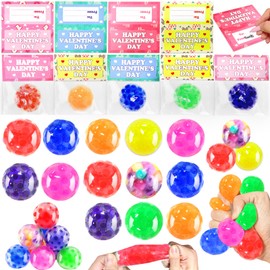 24 Pack Valentines Day Gifts for Kids Fidget Stress Balls with Valentine Cards Squeeze Fidget Toys for Adults Stress Relief Kids Valentine's Exchange Gift Classroom School Valentines Day Party Favors
