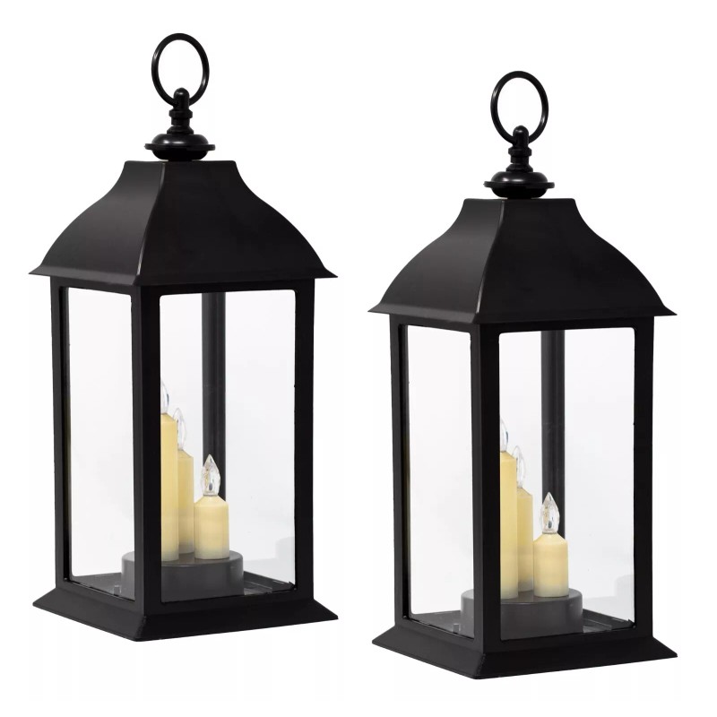Banberry Designs Decorative Three Candle Black Lanterns Lighted LED -