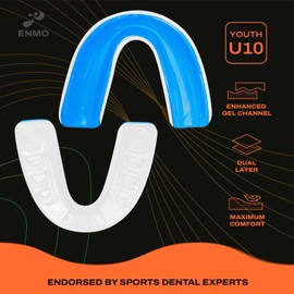 Enmo Maxilla Gel Gum Shield - Youth Under 10 Mouth Guard with Case for Rugby, Boxing, Hockey and Contact Sports - Mouthguard with Boil & Bite, Breathing Channel Tech, Dual Layer - Blue/White