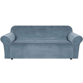 H.VERSAILTEX Stretch Velvet Sofa Covers Large Couch Covers Sofa Slipcovers with Non Slip Straps Underneath The Furniture, Feature Thick Comfy Rich Velour (Extra Wide Sofa 96"-116", Stone Blue)