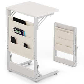 Kufutee Folding TV Tray Table, C-Shaped End Table with Storage Bag - Portable End Table for Couch, Bedroom, Living Room, Sturdy Metal Frame Tray Table with Extra Storage for Snacks, Laptop (White)