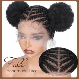 FAVE Short Braided Wig HD Full Lace Braided Wig with Afro Puff Synthetic Cornrow Braided Wigs with Curly Ponytail Natural Black Afro Braid Wigs for Black Women