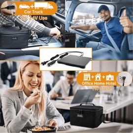 Aotto - Horno portátil de 12 V, 24 V, 110 V, calentador y calentador de alimentos 3 en 1, mini caja de almuerzo eléctrica para cocinar y recalentar comidas en coche, camión, viajes, oficina, hogar (negro)