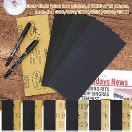 PROUSKY 12 Pieces Wet and Dry Sandpaper, Assortment 600 800 1000 1200 1500 2000 High Grit Sandpaper, 22.86x9.14cm Fine Abrasive Paper Assortment, Ideal for Automotive Car Furniture Polishing