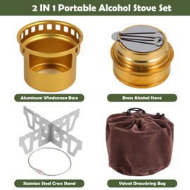 HUANSHA 2 In 1 Mini Alcohol Stove For Camping, Portable Alcohol Burner With Stainless Steel Cross Stand, Storage Bag, Lightweight Tiny Brass Stove For Backpacking Emergency Outdoor Coffee