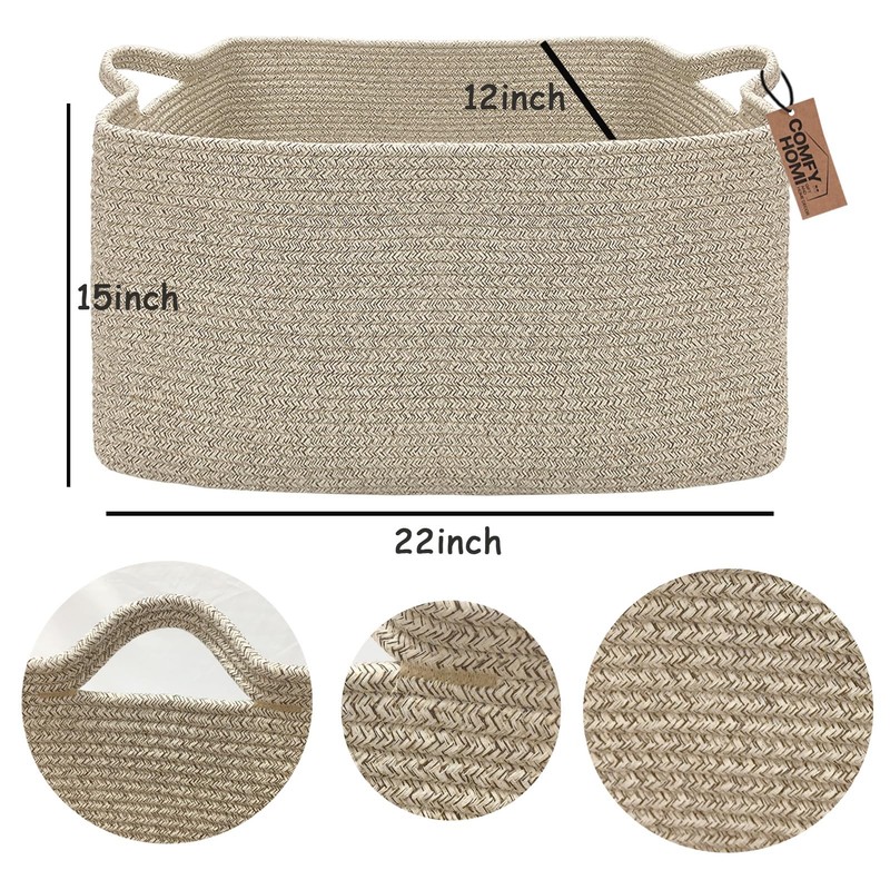 COMFY-HOMI Large Rectangular Blanket Basket, Woven Cotton Rope Baskets for