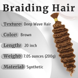 20 Inch Brown Braiding Hair for Boho Braids Curls 200G Deep Wave Bulk Hair for Braiding 2 Bundles No Weft Wet and Wavy Bohemian Water Wave Braiding Hair Extensions 30 Brown