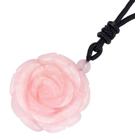 KYEYGWO Handmade Engraved Rose Flower Crystal Stone Necklace for Women, Rose Quartz Energy Gemstone Pendant with Adjustable Cord 27"
