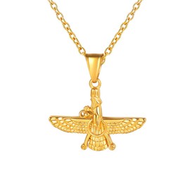 U7 Farvahar Pendant 18K Gold Plated Link Chain Sun Disc Wing Ancient Persian Egypt Necklace for Men Women
