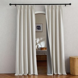 NICETOWN Cream Curtains 100% Blackout for Living Room, Pinch Pleated Linen Blend Thermal Insulated Window Treatments Sound Reducing Drapes for Living Room/Nursery, W34 x L84, 2 Panels