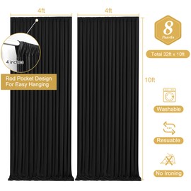 Wish Care Black Backdrop Curtain 8 Panels-Wrinkle-Free Black Curtains Polyester Photography Drapes for Wedding Birthday Party Photo Background Backdrop Stand- 32 X10FT (Black)