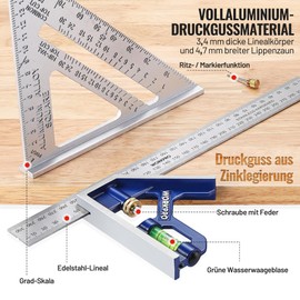 WORKPRO Try Square 300 mm & Triangular Carpenter's Square 180 mm, Protractor, Aluminium Angle Set with Spirit Level for DIY, Carpentry and Carpentry