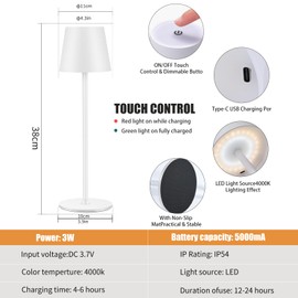 IMQSQIK 2 Pack Cordless Table Lamp, 5000mAh Portable Rechargeable LED Desk Lamp, 3 Color Modes Stepless Dimming Table Light with Memory Function, for Dinner, Patio, Home, Restaurant.