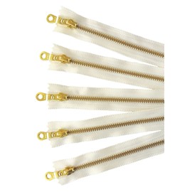YKK Golden Brass Metal Zippers in Vanilla/Cream/Offwhite with Donut Pull - #5 Closed-end Zippers - 12 Inch - Set of 5 Pieces by Craftbot