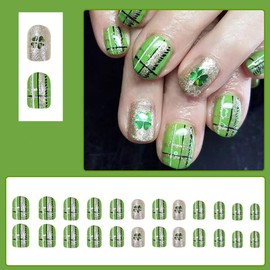 24Pcs St. Patrick's Day Press on Nails Short Square Green Fake Nails Check Stripes False Nails with Four Leaf Clover Designs Acrylic Glue on Nails Glossy Glitter Stick on Nails for Women Girls