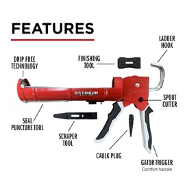 Newborn Scrapper Tool & Octogun 930-GTD Drip-Free Caulking Gun - Gator Trigger Grip | Fits 1/10 Gallon Cartridge |10:1 Thrust Ratio | Smooth Hex Rod Cradle with Built-in Smoother Tool | Plug Included