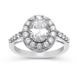 Jewelili Sterling Silver 9x7MM Oval and Round Created White Sapphire Ring, Size 7