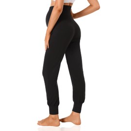 V VOCNI Women's Maternity Pants Maternity Activewear Jogger Track Cuff Sweatpants Over The Belly Stretchy Pregnancy Pants Black&Black,X-Large
