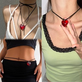 Heart Necklace Y2K Necklace Red Chunky Heart Necklace Puffy Big Heart Choker Necklace Trendy Jewelry for Women Girls (A-Red)