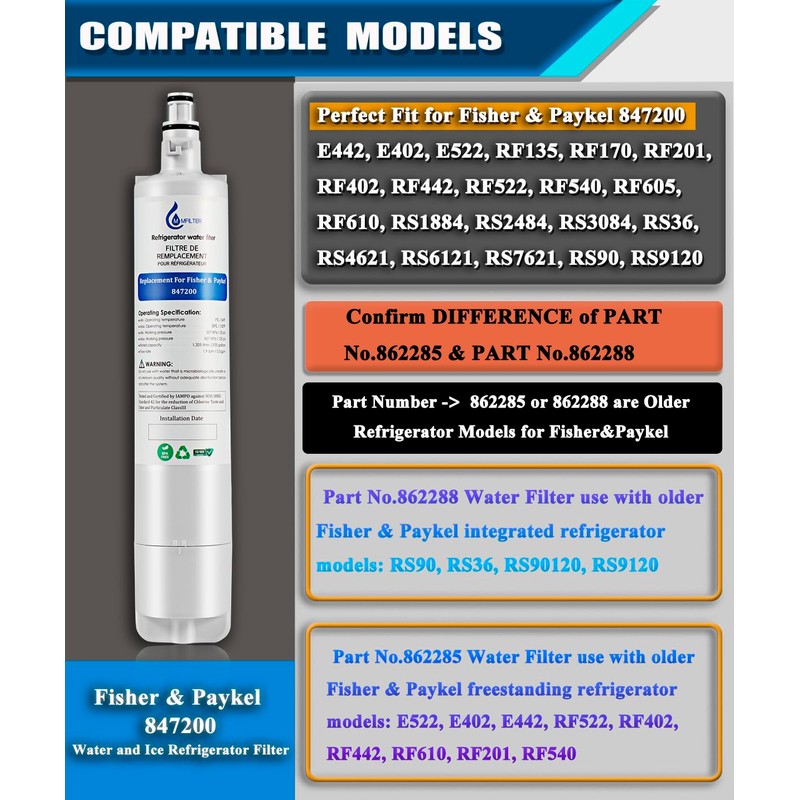 MMFILTER 847200 Water Filter Replacement for Fisher & Paykel 847200,