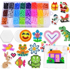 Iron-On Beads 5 mm with Templates 6300 Set 24 Colours Beads Stencils Craft Activity Children's Birthday Girls Ironing Beads Plates Craft Set for Children Gift