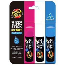 Sun Zapper Zinc Stick SPF 50+ Fotoprotector Mineral en barra (3-pack) - Rosa/Blanco/Azul - Alta Protección Solar. Hecho en Australia.