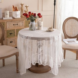 auons White Lace Rectangular Tablecloth with flounce, Chic Overlay Ruffles Table Cloth, French Rustic Vintage Embroidered Table Cover for Wedding Party Banquet Reception Home Decor, 55x72inch
