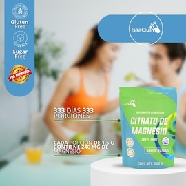 IsaaQuim Citrato de Magnesio en Polvo 100% Puro | 500 g | 333 Porciones de 1.5 g | Suplemento Alimenticio sin Sabor | 240 mg de Magnesio por Porción