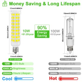 DUMILOO E11 Led Bulb Dimmable, 100 Watt Halogen Equivalent, 10W Daylight White 6000K, T3 T4 Mini Candelabra Base, JDE11 120V 100W for Ceiling Fans, Chandeliers, Cabinet Lighting, Pack of 4