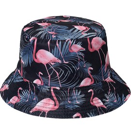 IHAUIUE Flamingo Print Bucket Hat Hawaiian Beach Fishing Cap Reversible Packable Sun Hats for Women, Men, Ladies, Girls, Leaves Black Blue Flamigo, One Size-Large