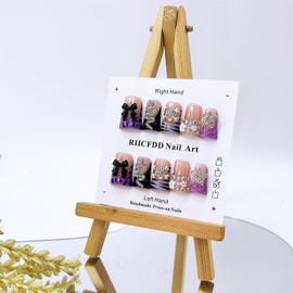 10 Pcs Handmade Press on Nails Duck 3D Luxury Rhinestone False Nails with Bow Stars Design Full Cover Thick French Tip Fake Nails Acrylic Reusable Stick on Nails for Women Grils DIY Decoration（Size M）