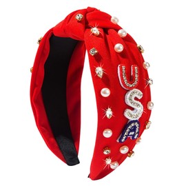 Gosuoa 4th of July Headband for Women, White Red and Blue Rhinestone USA Headbands, Wide Knotted Fourth of July Patriotic Headband Independence Day Hair Accessories