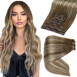 Full Shine Seamless Hair Extensions Clip in Color 6/60/6 Balayage Chestnut Brown to Brown Mix Platinum Blonde PU Weft Seamless Hair Extensions Clip in Extensions 105 Grams 14 Inch