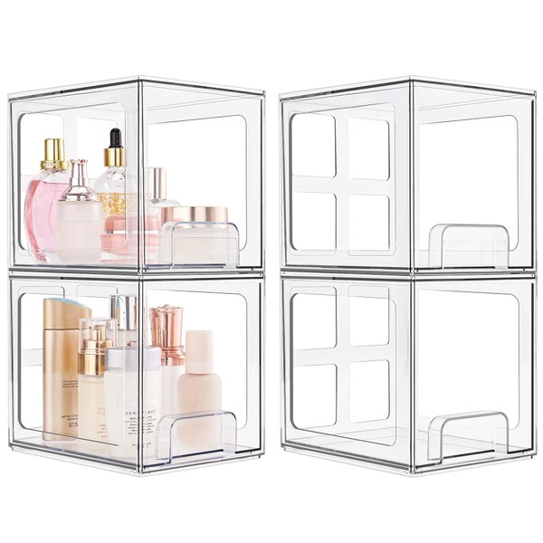 SMARTAKE 4 Pack Stackable Makeup Organizer Drawers, Acrylic Bathroom Organizers, 6.6'' Tall Clear Plastic Storage Drawers for Vanity, Undersink, Kitchen Cabinets, Skincare, Pantry Organization