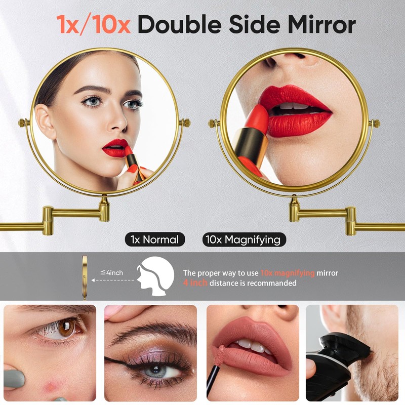 GURUN 8" Wall Mounted Makeup Mirror with 10X Magnification,Two-Sided Swivel
