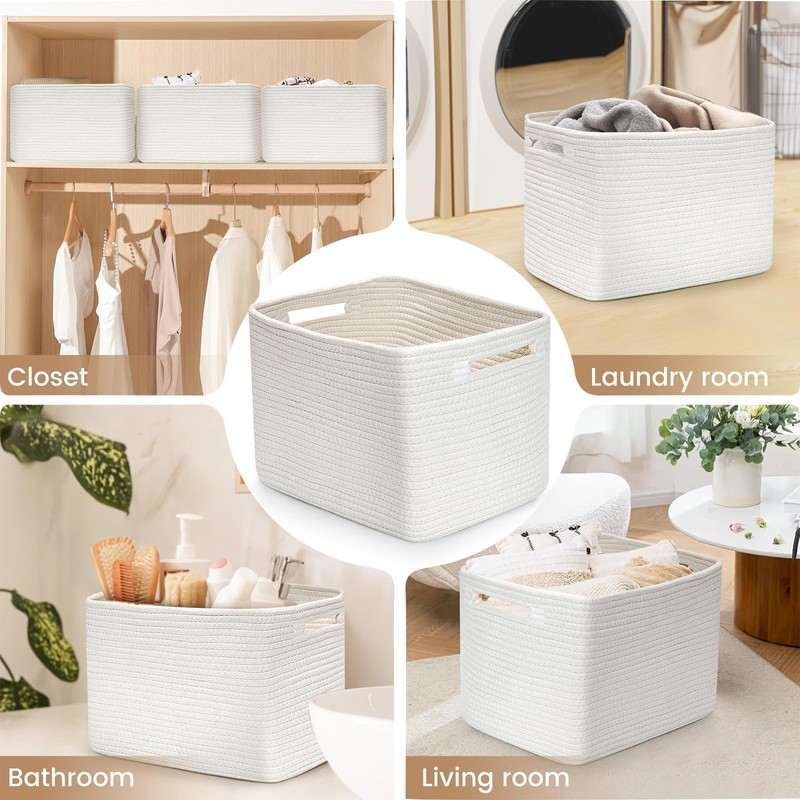 3 Pack Shelf Woven Storage Basket, Closet Rope Baskets For