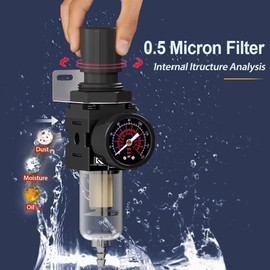 KANBOL 1/4''NPT Filter and Regulator with Pressure Gauge, for air Drying System with 5 Micron Brass Filter Cartridge air Compressor FRL Unit-Black