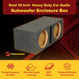 Q Power Dual 12-Inch Heavy Duty Ported Car Audio Subwoofer Box - Deep Bass MDF Enclosure with Charcoal Carpet Finish, Shared Slot Port Vent, 1.6 Cu Ft Air Space Per Chamber