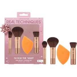 Real Techniques Set de Regalo Navideño de 4 Mini Brochas Y Esponjas Sleigh The Night, Brochas de Maquillaje Pequeñas para Viaje, Esponja de Maquillaje para Base Y Corrector, Regalo de Navidad, Edición