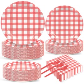 200 Pcs Red Gingham Tableware Set Red And White Checkered Birthday Party Supplies Disposable Plaid Paper Plates Napkins Dinnerware Set Girls Barbecue Picnic BBQ Birthday Decoration Serve 50 Guest