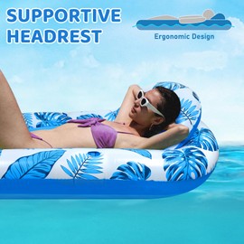 Esinyee Adult Inflatable Pool Float, Large Pool Lounger Floating Raft with Headrest Cup Holder, Adult Pool Lake Sunbathing Pool Floater, blue