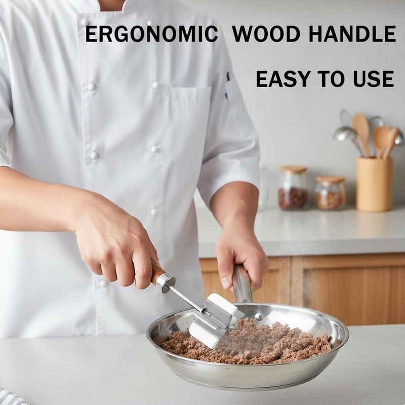 Stainless Steel Meat Chopper, Heavy Duty Mashing Head & Wooden