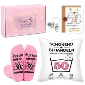 TUZELIYA 50th Birthday Women's Gift Set, 4 Pieces Including 45 x 45 cm Cushion Cover, Socks, Key Ring and Birthday Cards, Gifts for Women, Mum, Sister, Best Friends, Grandma