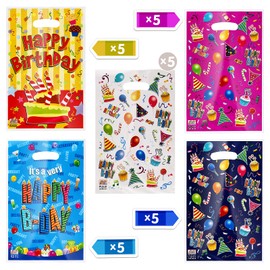 25 Pcs Party Favor Bags Birthday Goodie Candy Bags, Cute Party Favor Plastic Gift Bags Bulk Candy Treat Bags for Kids Boys Girls Birthday Party (10 x 6.8 Inch)