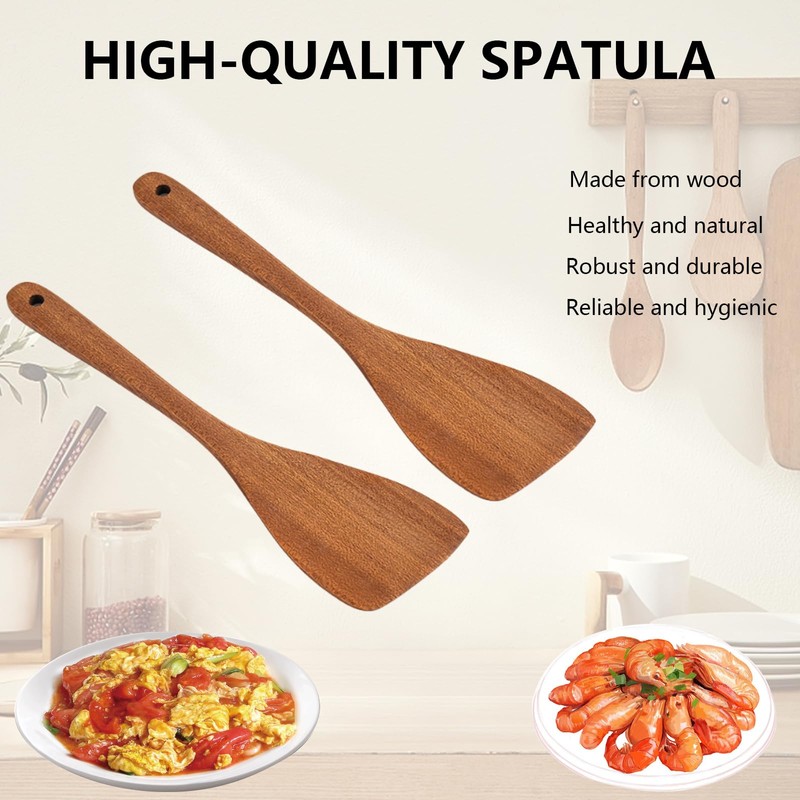 2PCS Wooden Spatula,Bamboo Spatula, Long Handle for Frying, Baking &