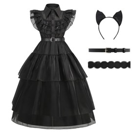 Wednesday Costume Wednesday Costume for Children Gothic Dress Costume Children Black Tulle Skirt Dress with Wig Belt and Socks Wednesday Dress Carnival Cosplay Party, black, 130