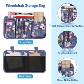 FINPAC Wheelchair Side Storage Bag w/Cup Holder, Wheelchair Armrest Accessories Pouch with Pen Slot and Reflective Strips for Power Walkers, Rollators, Seniors - Blooming Hibiscus