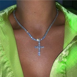 Ushiny Vintage Necklace Sparkling Rhinestone Cross Necklaces Silver Party Rave Crystal Chain Necklace Jewellery Set for Women and Girls