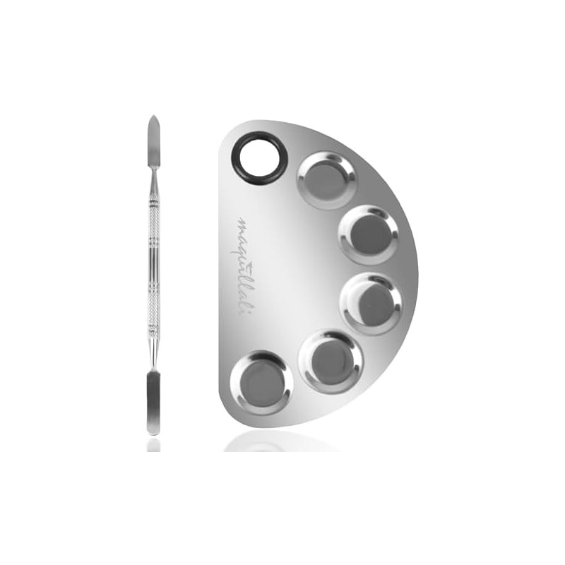 PALETA DE ACERO INOXIDABLE PARA MEZCLA DE MAQUILLAJE CON ESPATULA